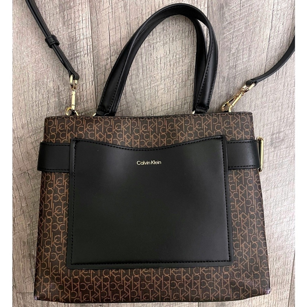 Calvin Klein Monogram Logo Satchel Crossbody Bag Brown Black Gold Tone Hardware